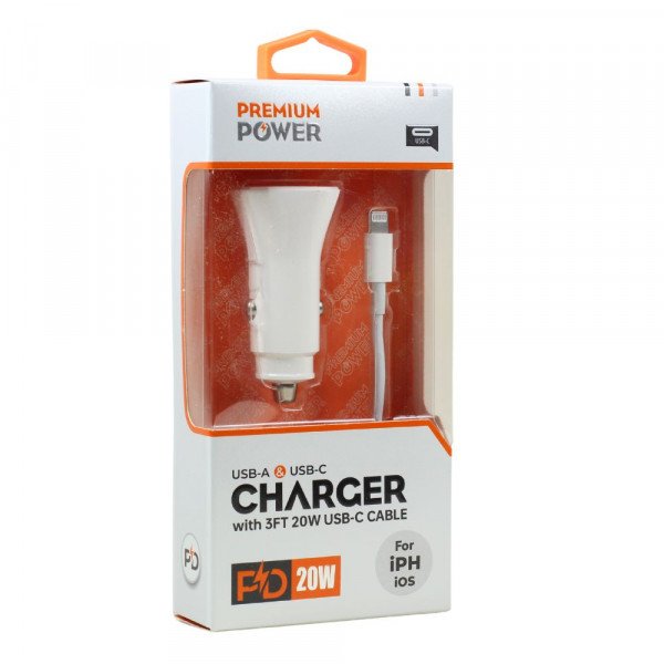 Wholesale 2in1 Car 20W PD Fast Power Delivery Charger with 3FT USB-C to IP Lighting Cable for iPhone, iDevice (Car - White)